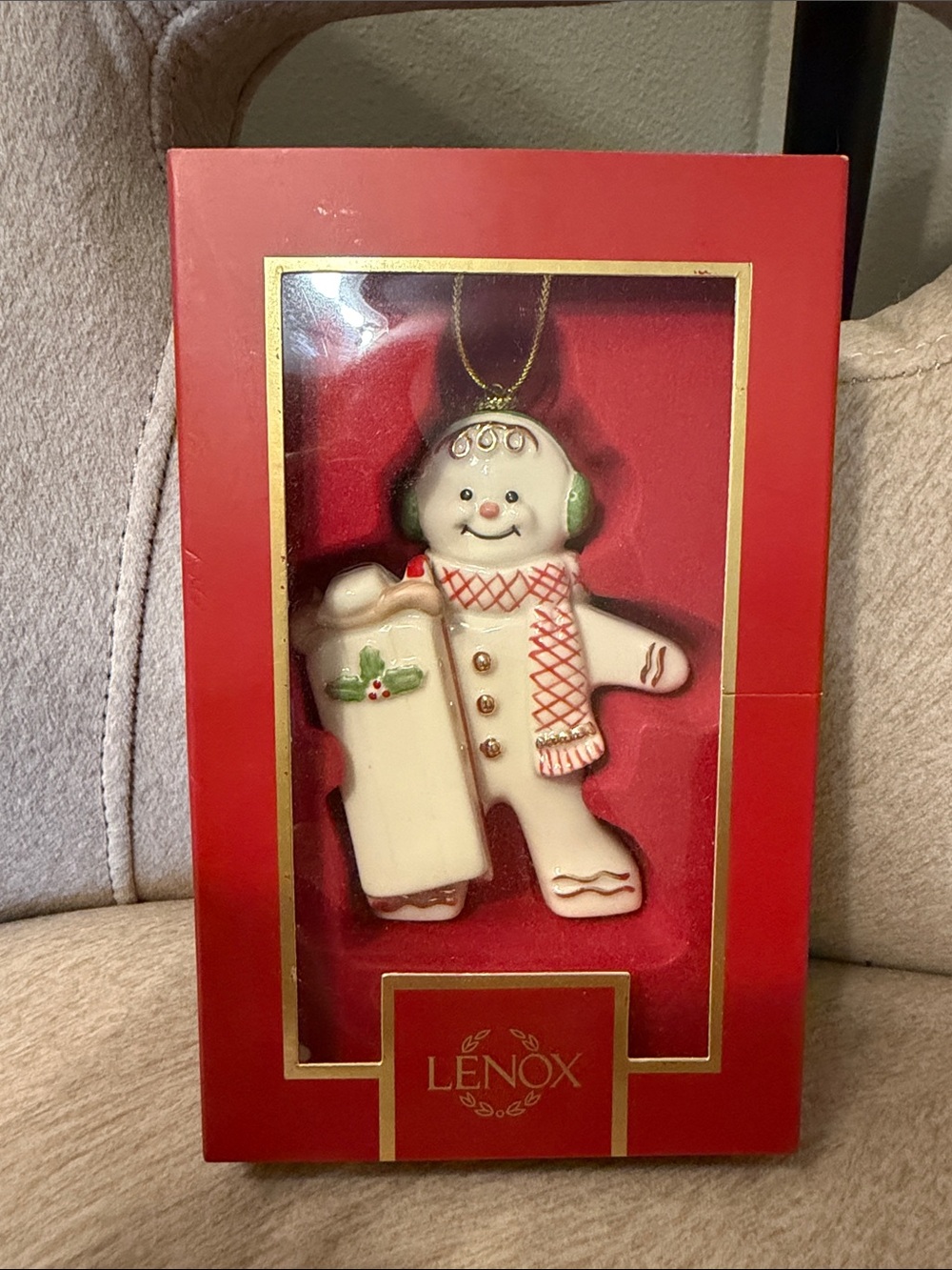 Lenox Cream Snowman with Red Scarf and Green Earmuffs Ornament